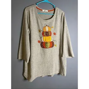 Clover + Pine Gray Pumpkin Fall Embroidered Crew Neck 3/4 Sleeve Top XL thumbnail 2
