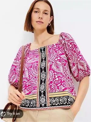 Loft Petites Pink Botanical Print Square Neck Puff Sleeve Blouse MP NWT thumbnail 1