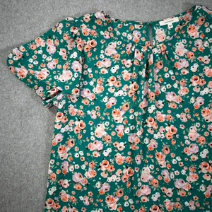 Pleione Green Floral Tiered Flutter Sleeve Blouse Women's Medium Round Neck thumbnail 4