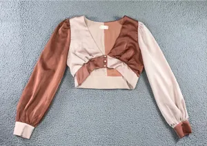 Altar'd State Crop Top Women M Colorblock Satin V-Neck Bishop Sleeve‎ Blush Chic thumbnail 1