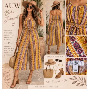 AUW Women Mustard Yellow Boho Striped Wide Leg Jumpsuit Large Floral Geometric thumbnail 2