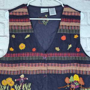 Vintage Bobbie Brooks Fall Corduroy Vest Embroidered Scarecrow Barn Patchwork L thumbnail 5