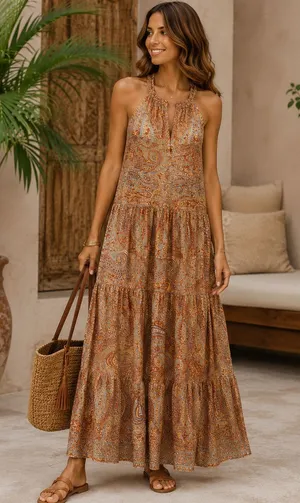 NWOT Rhea Made in India Silk Blend Paisley Halter Maxi Dress Boho Festival, S thumbnail 1