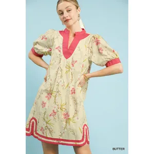 Umgee Floral Puff Sleeve Dress with‎ Contrast Trim - Butter - Small thumbnail 3