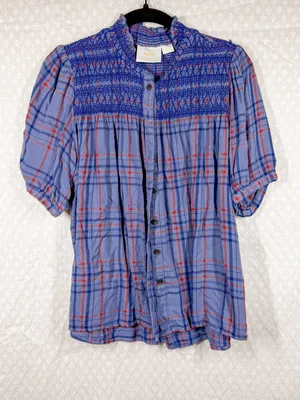 Anthropologie Maeve Blue Lise Plaid Smocked Button‎ Up Top thumbnail 2