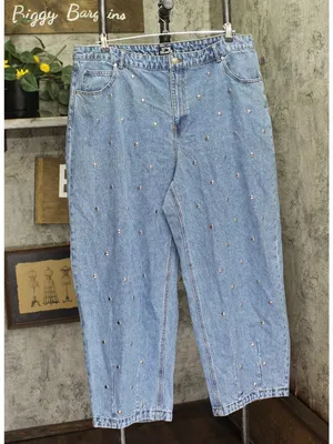 NEW Future Collective Womens Mid-Rise Studded Barrel Leg Jeans Blue Denim 18 thumbnail 2