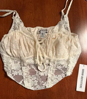 Urban Outfitters White Lace Crop Top with Floral Design And Bow in the Middle thumbnail 1