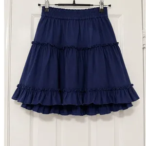 Hill House Navy Linen Tiered Ruffle Mini Skirt XS Elastic Waist Lined Cottage thumbnail 4