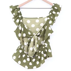 SHEIN Olive Green Polka Dot Ruffle Strap Peplum Top Back Tie Large L 8/10 thumbnail 5