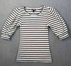 EXPRESS Women's X-Small Striped Ribbed Knit Puff Sleeve Top Cream Black Blouse thumbnail 1
