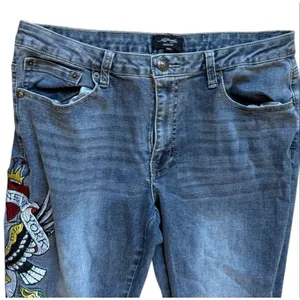 Womens Ed Hardy Denim Brave Heart True Eagle Embroidered Wide Leg Jeans - Sz 32 thumbnail 3