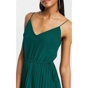 ASOS Forest Green Pleated Midi Dress V-Neck Spaghetti Strap Elastic Waist Size 4 thumbnail 3