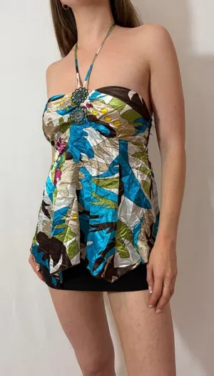 Y2K Silky Colorful Graphic Paisley Halter Top thumbnail 1