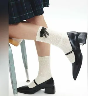 3D Bow Women’s Crew Sock in Ivory with Black Lace Bow Detail Shoe Size 6-10 NWT! thumbnail 2
