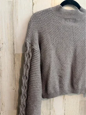 By Anthropologie Women's Small Gray Cable Knit Mock Neck Sweater thumbnail 9