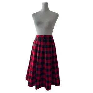 Red & Black Checker Print Pleated A-Line Midi Skirt thumbnail 4