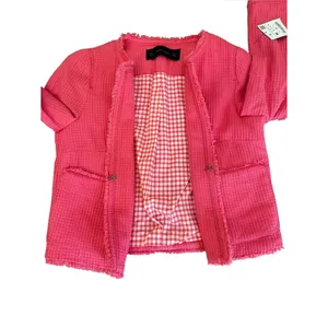 Zara Basic Cotton Tweed Jacket Frayed Fringe Pink Womens Size Medium NEW thumbnail 10