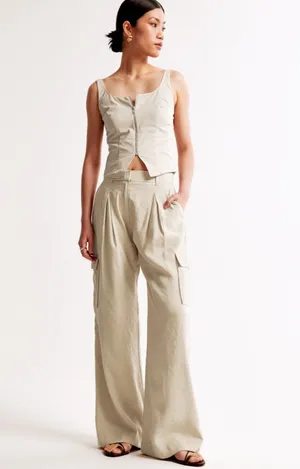 Abercrombie Drapey Tailored Lightweight Wide-Leg Trousers Tan 26 Short thumbnail 1