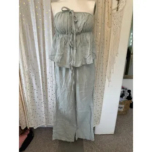 Lillusory 100% Cotton Gauze Strapless Peplum Bandeau Top Wide Leg Pants Set S thumbnail 2