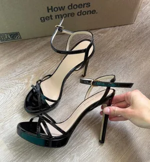 Stuart Weitzman black patent leather strappy heels thumbnail 1