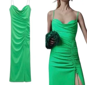 NWT Zara Green Long Bodycon Ruched Dress Draped Spaghetti Straps M Party thumbnail 2