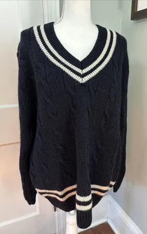 Brandy Melville Varsity Navy V-Neck Nikki Sweater Wool Blend Academia Medium thumbnail 1