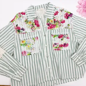 POL Striped Sage Multi Balloon Sleeve Printed Woven Mixed Print Shirt Shacket thumbnail 6