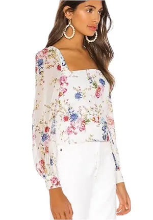 LPA CORA FLORAL LONG puff SLEEVE SQUARE NECK CROPPED BLOUSE TOP M thumbnail 2