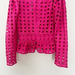Lovers + Friends Hot Pink Puff Sleeve Peplum Top Cut Out Eyelet Size Small thumbnail 10
