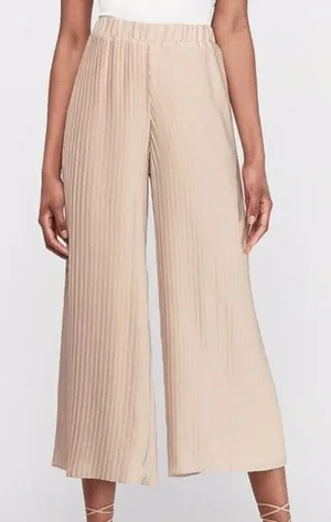 Express Beige Pleated High Rise Wide Leg Crop Pull On Elegant Chic Pants M thumbnail 1