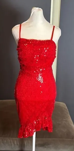 Women’s Red Sequined Short Homecoming Party Dress Ruffle Hem Corset Back Size 2 thumbnail 1
