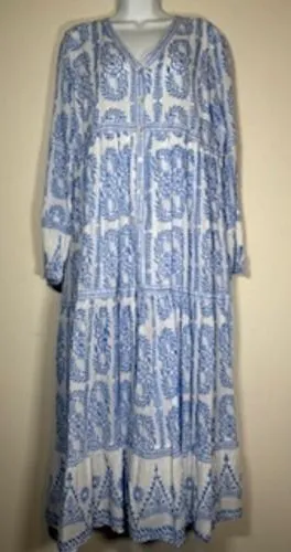 Vintage Ibiza Maxi Dress Blue White Block Print Tiered Resort Vacation Cotton M thumbnail 1