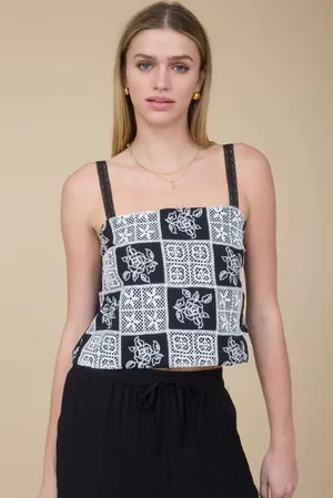 NEW The Workshop Floral Embroidered Checkered Lace Spaghetti Strap Top – Small thumbnail 1