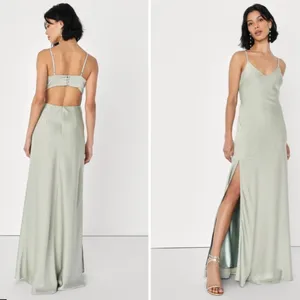 LULU's Bridesmaid Prom Wedding Sexy Open Back Satin Sage Green Maxi Dress thumbnail 3