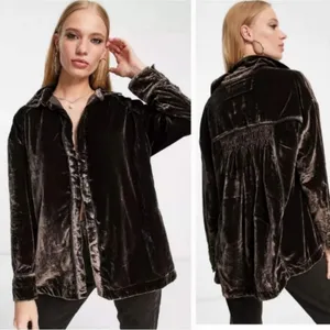 Free People Marianne Velvet Shirt Midnight Brown Dark Academia Gothic Blouse XS thumbnail 11