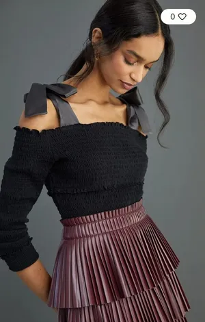 Anthropologie Black Smocked Off Shoulder Top with Satin Ribbon Ties Small thumbnail 1