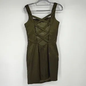 Jessica McClintock Olive Green Ruched Lattice Back Mini Dress‎ Size 10 Y2K thumbnail 3