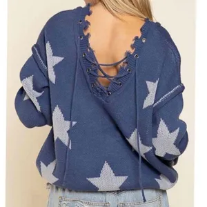 𝅺 Bohemian sweater with tattered raw edges, and Lace up front and back Med thumbnail 3