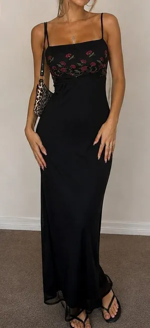 Vintage Monster Girl Medium Maxi Dress Black Rose Floral Mesh Overlay 90s Goth thumbnail 1