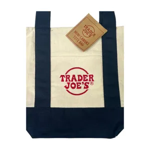Trader Joes Mini Canvas Tote Bag Cream Blue Logo Embroidered Reusable Grocery thumbnail 8