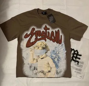 Brown Emotion graphic tee with blindfolded angel with wings and the word 'Emotion' in a red glittery script, Size M thumbnail 1