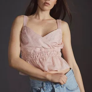 NWT Maeve | Anthropologie | Pink Rose Striped Shirred Linen Blend Size Large thumbnail 2