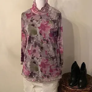 Size small long sleeve Purple pink and green flowered long sleeve top EUC thumbnail 2
