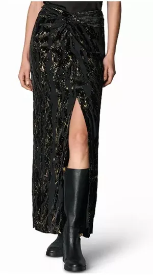 Donna Karan New York Front-Knot Burnout Maxi Skirt in black and gold foil. New! Size 6 thumbnail 1