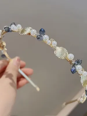 Gold Shell & Pearl Headband with Blue Crystal Accents thumbnail 5