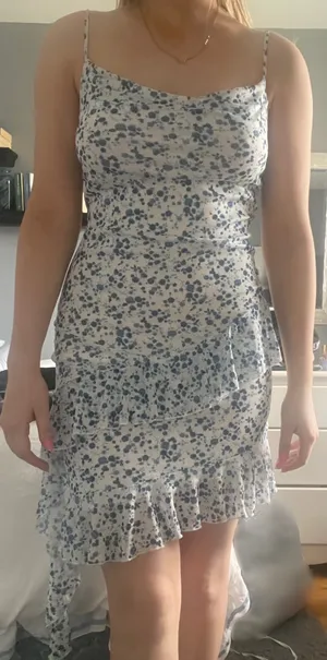 & Other Stories Blue and white floral midi dress with ruffle hem and adjustable straps thumbnail 5