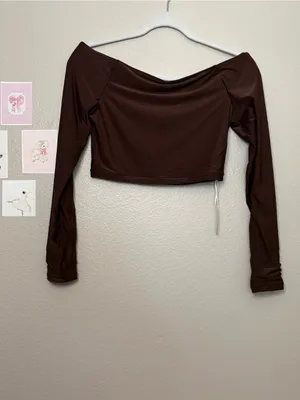 Aerie Smoothie’s Off Shoulder Long Sleeve Crop Top Chocolate Brown large boho thumbnail 3