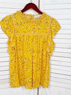 Loft Floral Flutter Sleeve Ruffle‎ Collar Blouse Top Yellow Small Cottageore thumbnail 7