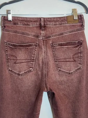 American Eagle Burgundy Pink Dyed Distressed Jeans Size 8 Long thumbnail 5