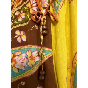 Haute Hippie Style Floral Paisley Print Wide Leg Pants Medium Wooden Bead Tie thumbnail 3